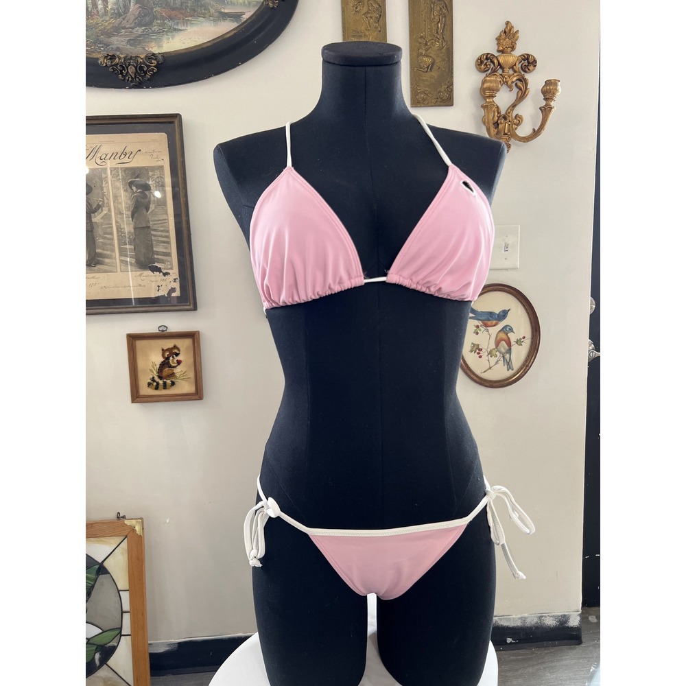 Victoria's Secret Pink White Heart Cutout String Bikini Set Top M Bottom XS